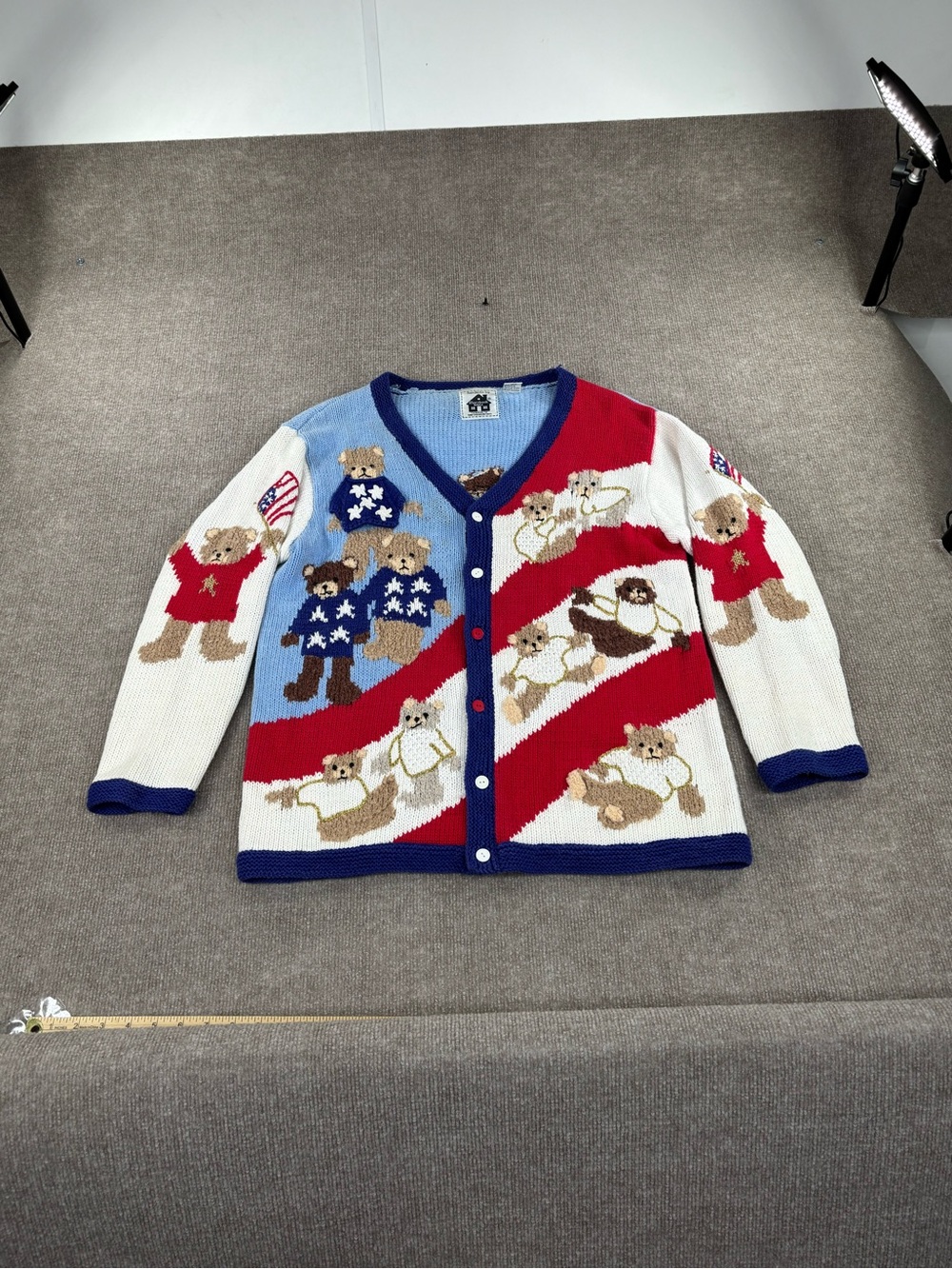 Vintage Storybook Knits Sweater Cardigan Womens Large Patriotic Bears USA